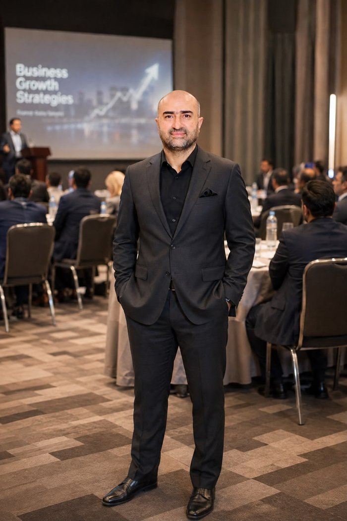 Corporate trainer presenting Business Growth Strategies to a room of professionals
